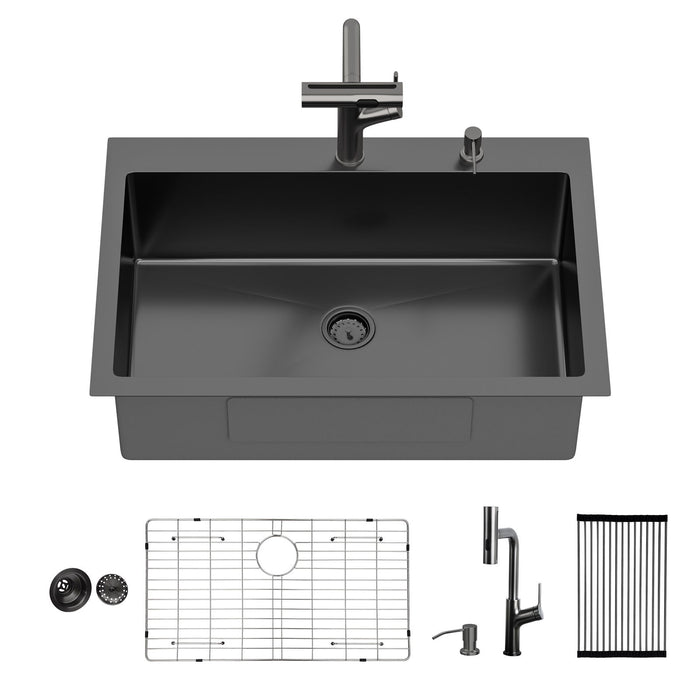 Stainless Steel Drop-In Kitchen Sink with Multi-Function Faucet - Black