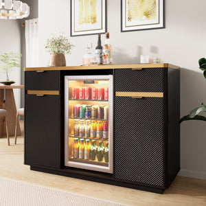 60-Inch Buffet Sideboard with Faux Marble Top, Fluted Cabinet, Mini Fridge Nook, Black