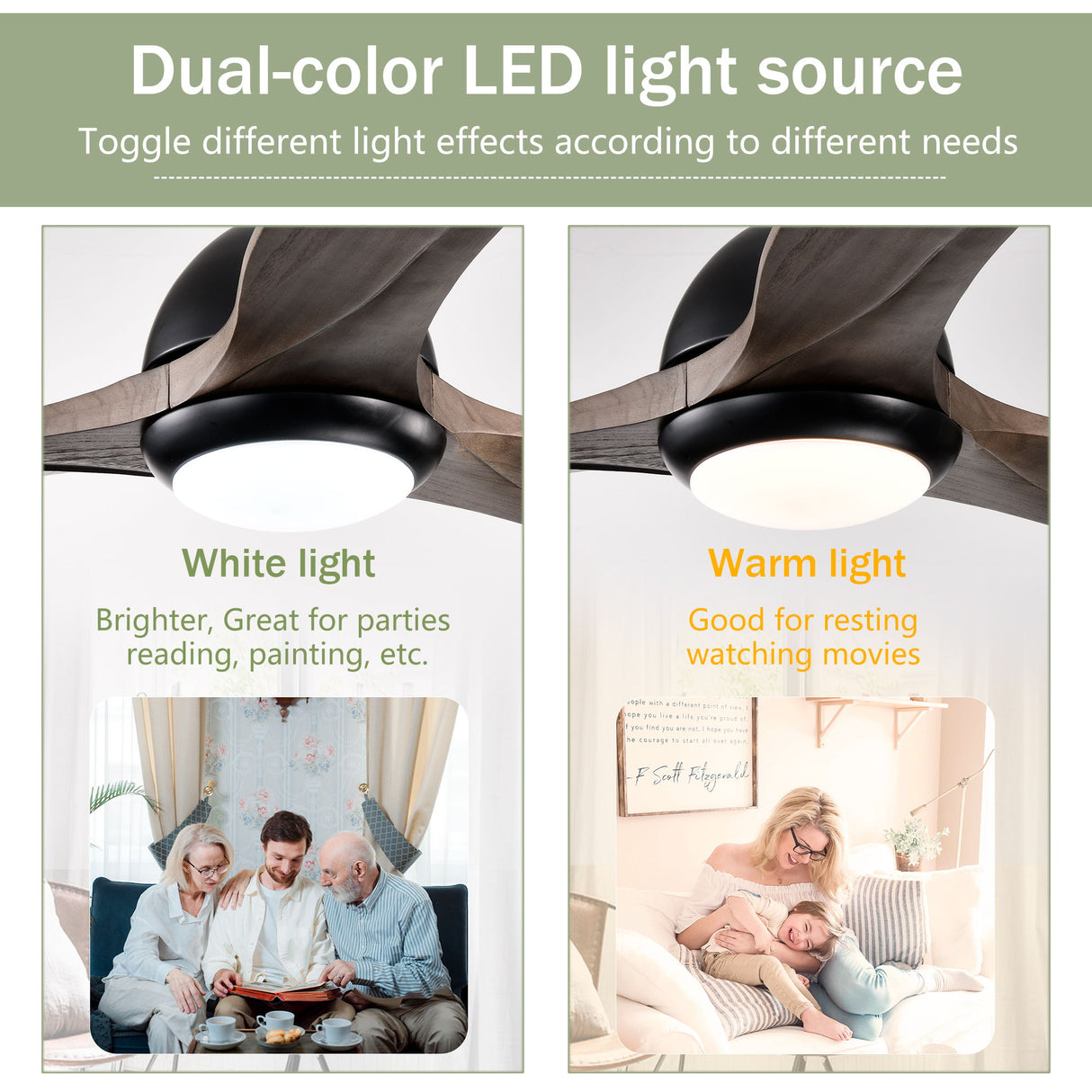 Indoor Outdoor Ceiling Fan With Light With Remote Control, Noiseless Reversible Motor, 6 Speed, 3 Color