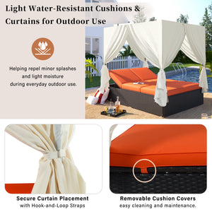 U_STYLE Outdoor Double Chaise Lounge Daybed with Curtains
