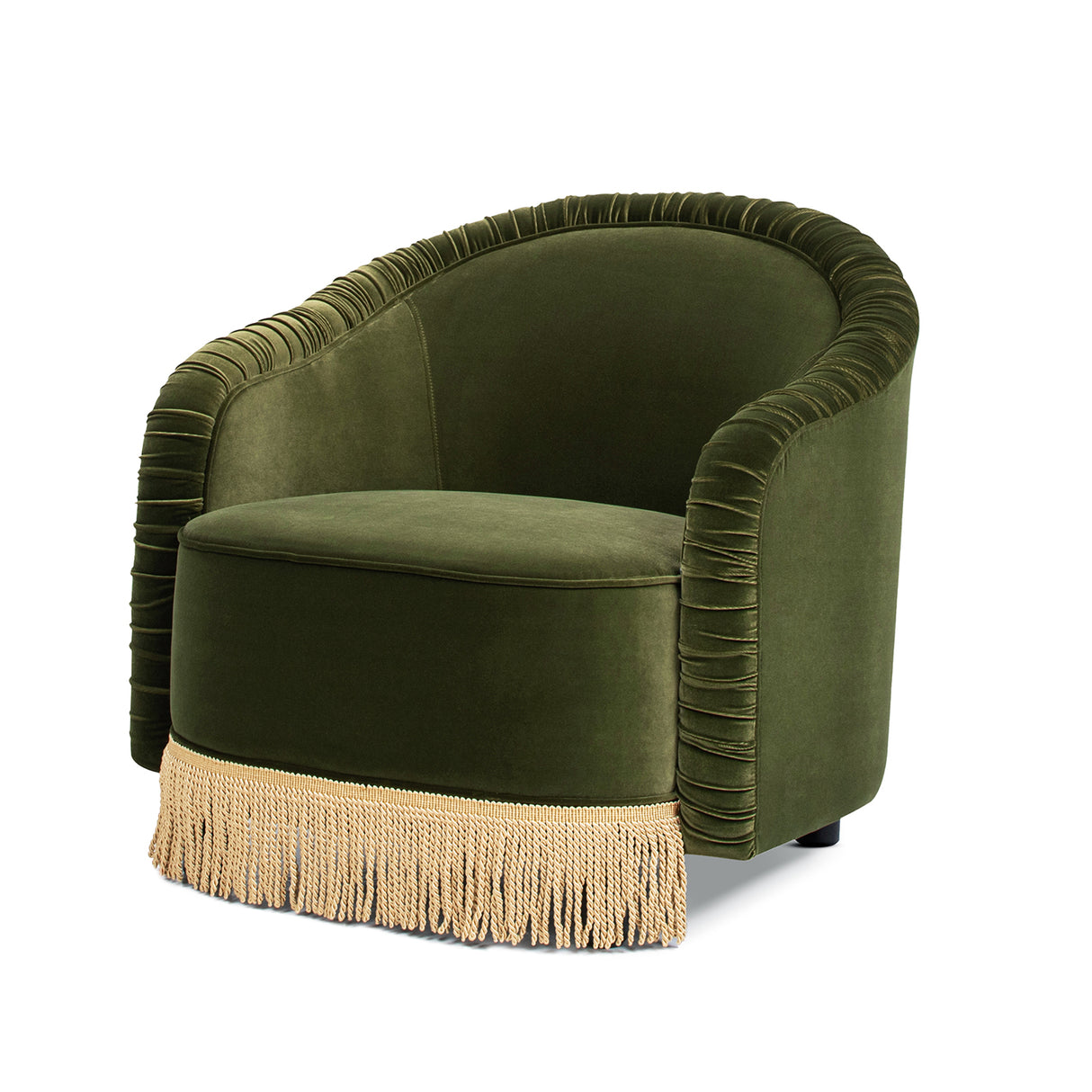 Serena 31.5" Ruched Barrel Back Accent Arm Chair with Bullion Fringe, Olive