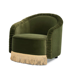 Serena 31.5" Ruched Barrel Back Accent Arm Chair with Bullion Fringe, Olive