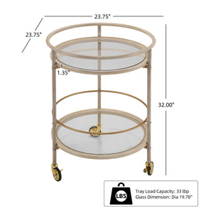 Round Bar Cart with Tempered Glass Shelves and Gold Accents
