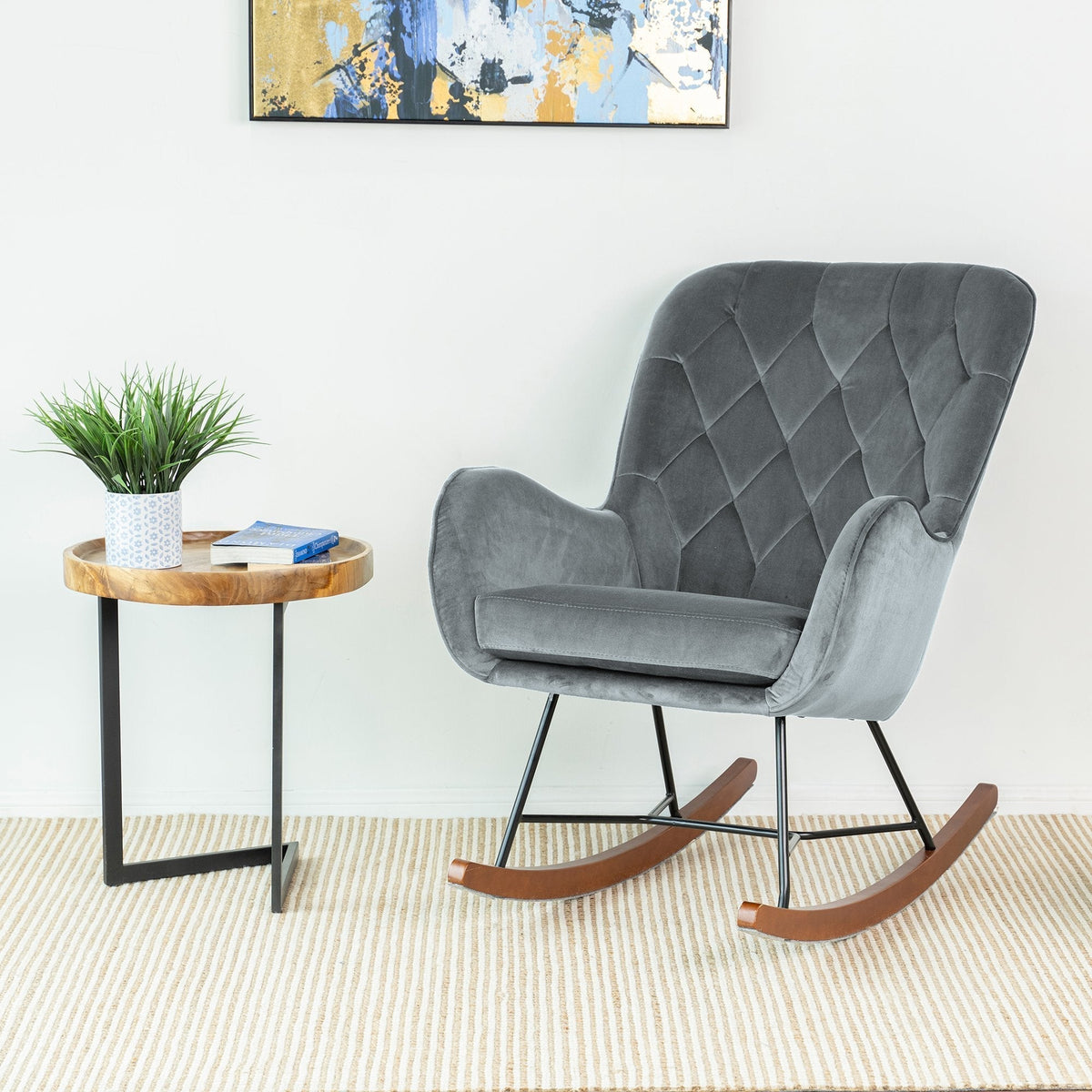 Mid Century Modern Rocking Chair with Velvet Upholstery - Dark Grey