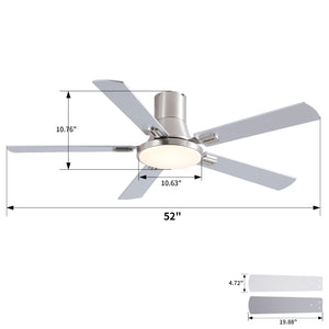 Flush Mount Ceiling Fans With LED Light And Remote Control, 5 Blades