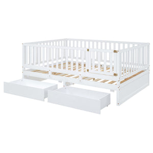 Daybed With Fence Guardrails And 2 Drawers, Split Into Independent Floor Bed & Daybed