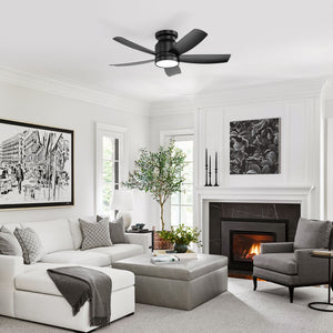 Flush Mount Ceiling Fan With LED Light 22W And Remote Control Blades For Indoor Use - Black