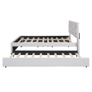 Upholstered Platform Bed With Brick Pattern Headboard And Twin Long Size Trundle