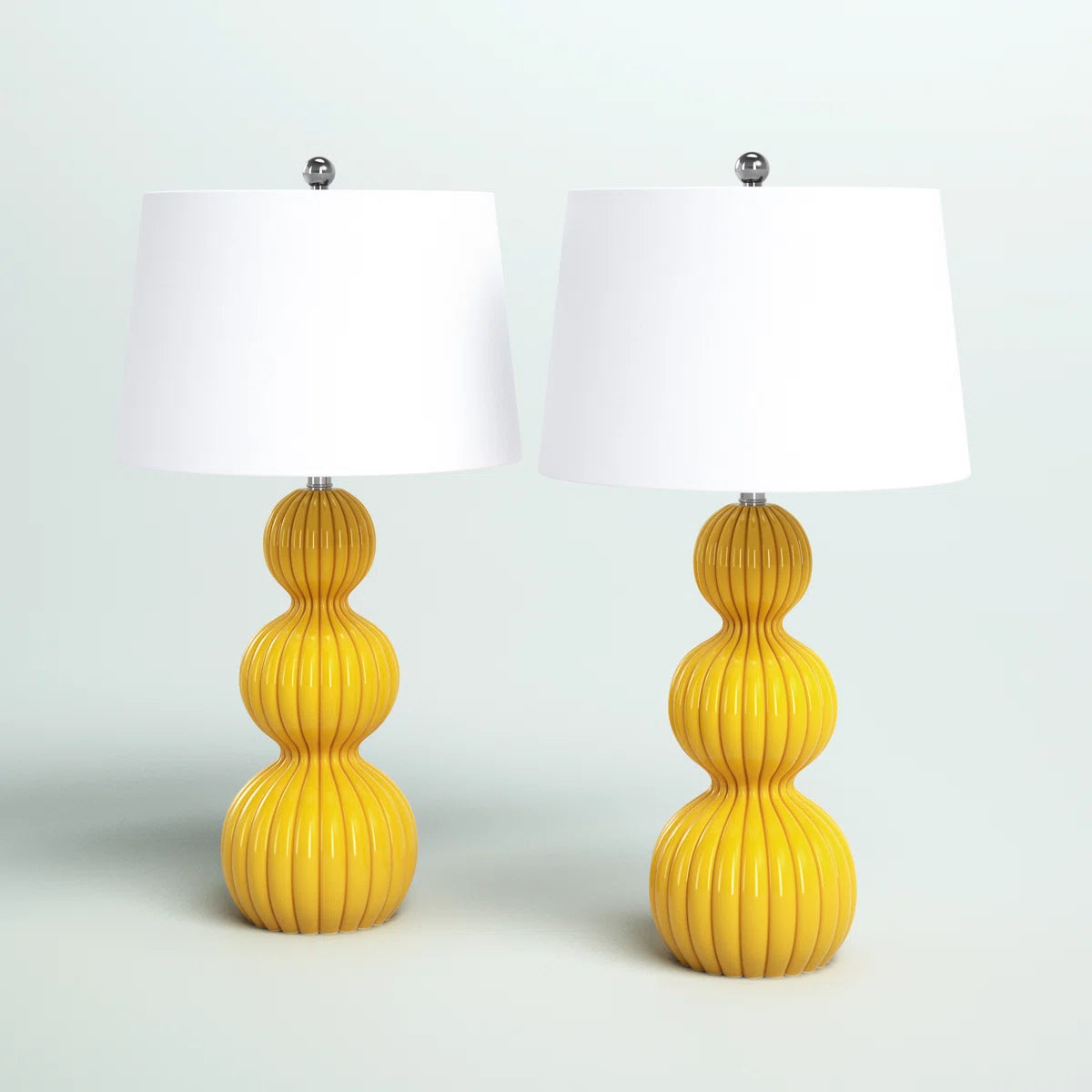 28-Inch Ceramic Table Lamps Set of 2, Modern Triple Gourd, Yellow with White Shade