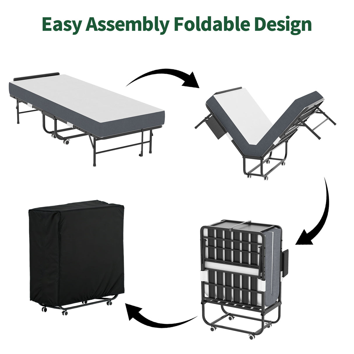 Twin Folding Bed With Adjustable Headboard & Memory Foam, Space Saving Rollaway Guest For Tall People, Portable On Wheels, Easy Assembly - Black