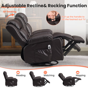 360° Swivel Rocker Recliner for Adults, Nursery Glider Recliner with Vibration Massage and Heat,Rocking Chair with Cup Holder, Manual Recliner Chair for Living Room, Bedroom (Leather,Brown)