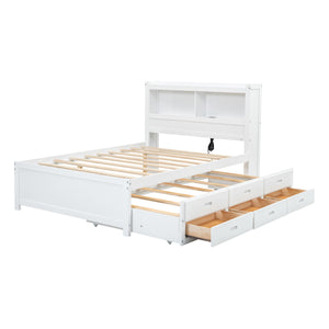Full Size Platform Bed With Trundle, Drawers, USB Ports And Built In Shelves - White