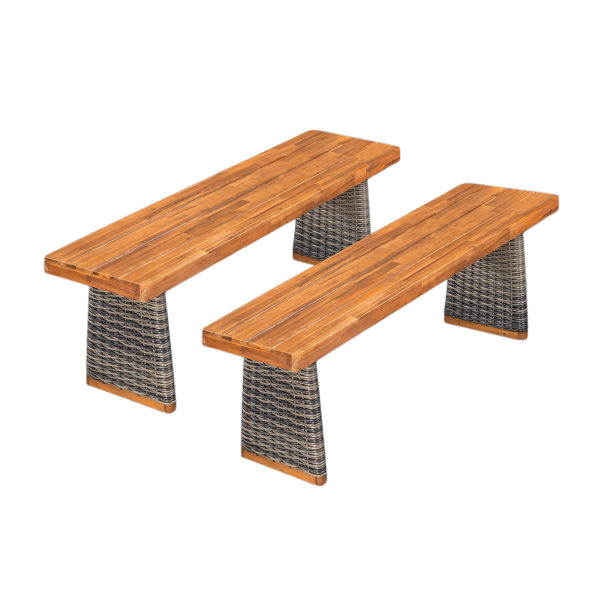 Outdoor Acacia Wood Bench (Set of 2) - Teak Finish