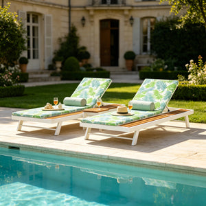White Iron and Teak Finish Outdoor Chaise Lounge Set