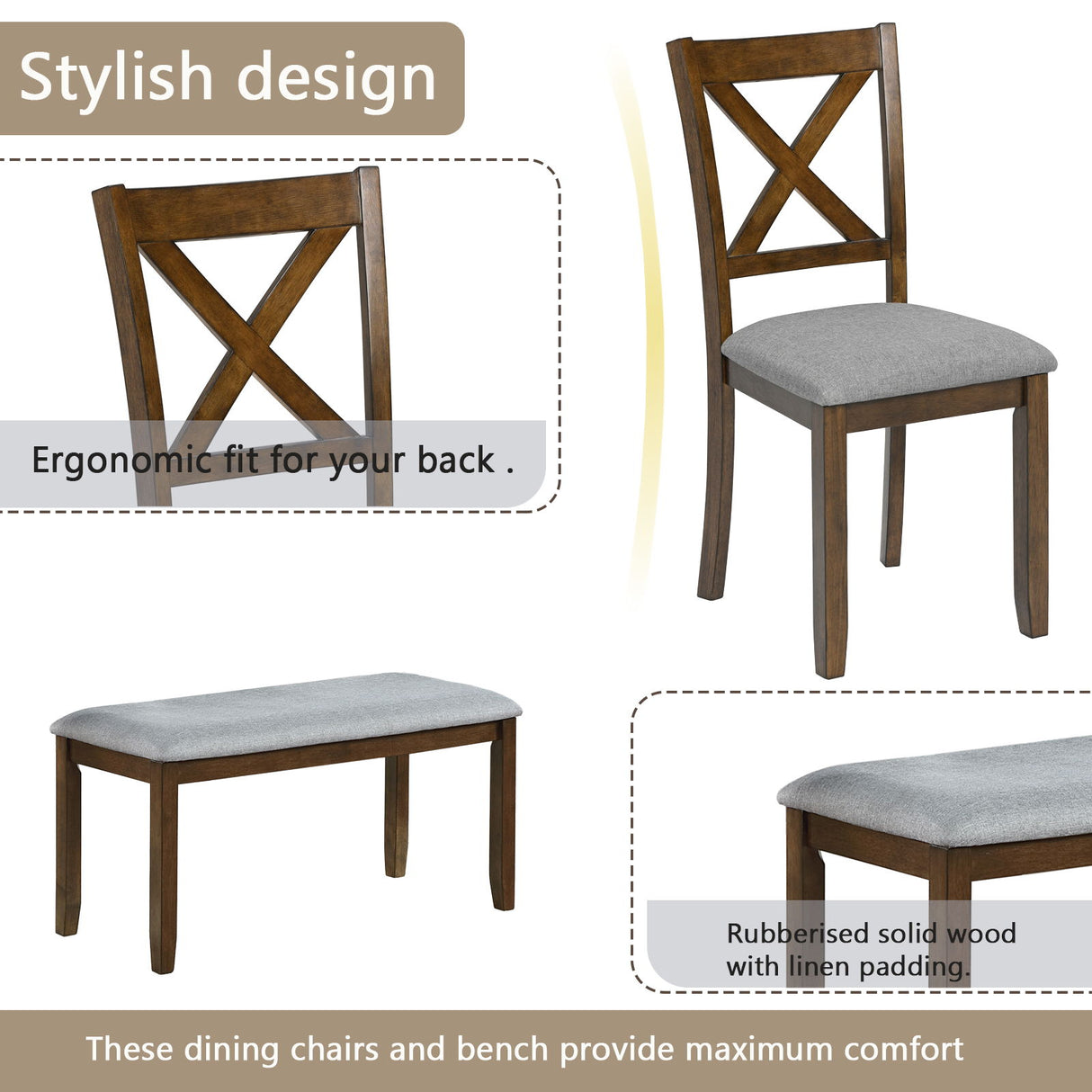 6 Pieces Kitchen Dining Set, Rectangular Wooden Dining Table With 4 Chairs And A Bench