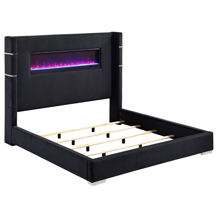 Upholstered Wingback Bed with Flame Visualizer - Soft Fabric - Black, Dark Gray, or Beige