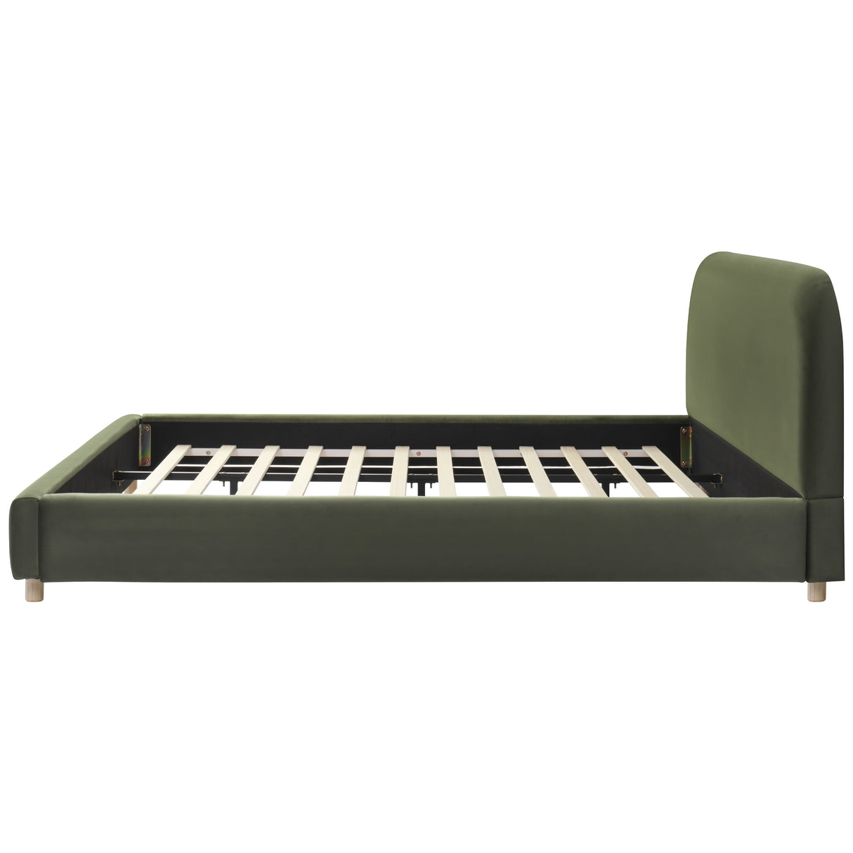 California King Size Upholstered Bed Frame With Velvet Fabric And Curve Design Thick Headboard, Solid Wood Legs, Olive