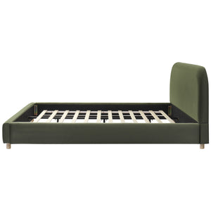 California King Size Upholstered Bed Frame With Velvet Fabric And Curve Design Thick Headboard, Solid Wood Legs, Olive