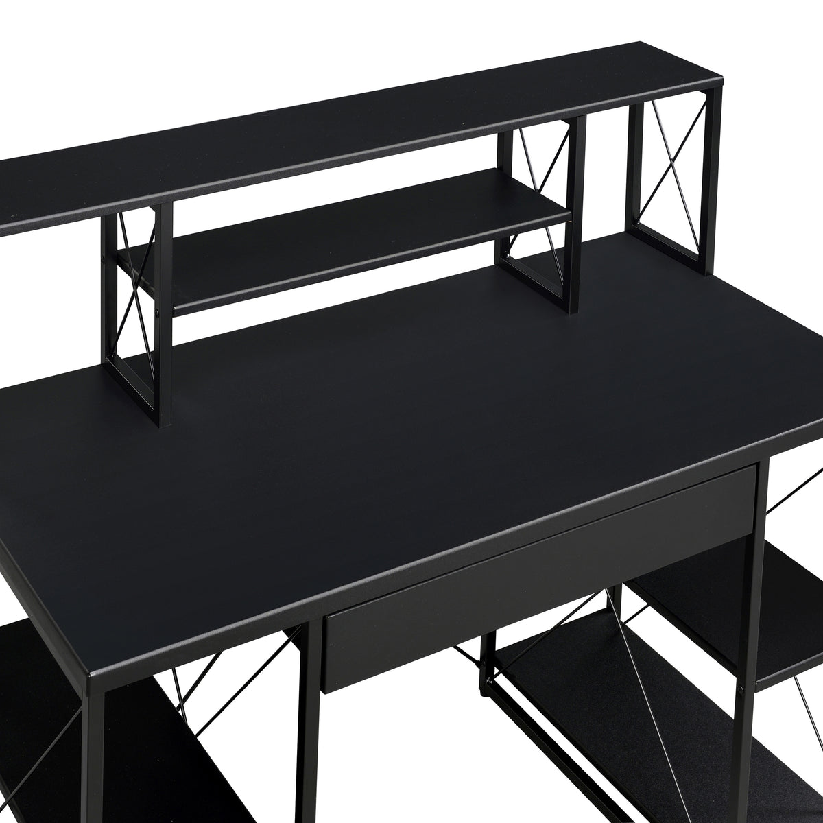 Black Office Desk with Open Shelves and Hutch - Black