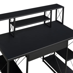 Black Office Desk with Open Shelves and Hutch - Black