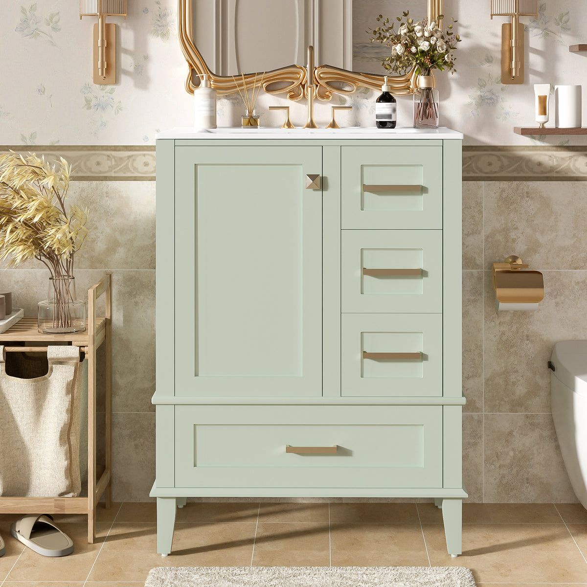 24.8" Bathroom Vanity with Ceramic Sink, Modern Freestanding Cabinet