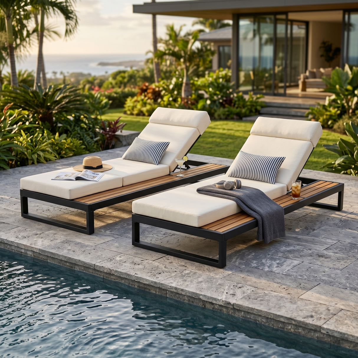 Black Iron & Teak Finish Chaise Lounge Set