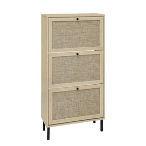 Modern Rattan 3 Door Shoe Rack Cabinet for Entryway