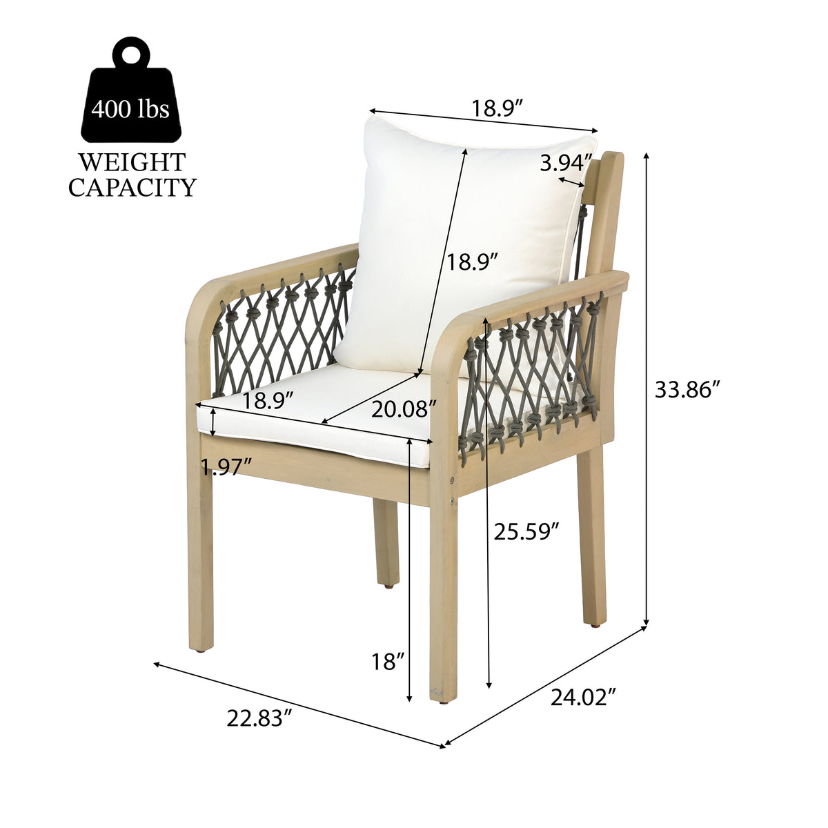 Outdoor Patio Acacia Wood Chairs With Woven Rope Arms (Set of 2)