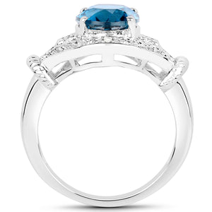 3.26 Carat Genuine London Blue Topaz & White Diamond .925 Sterling Silver Ring