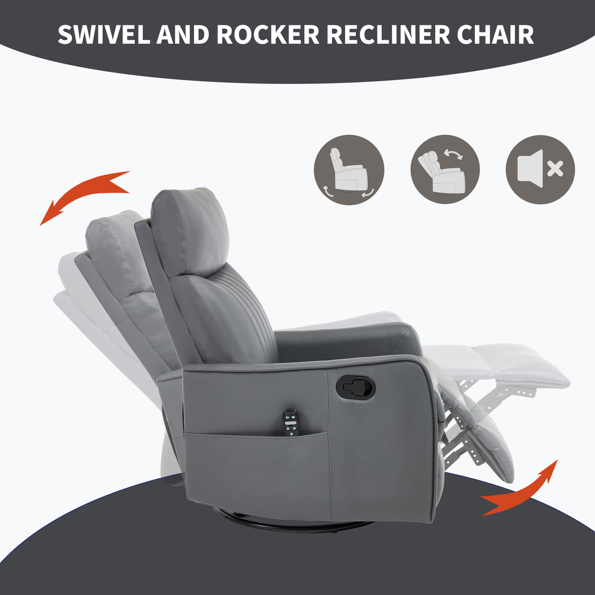 Grey Faux Leather Heat Massage Manual Recliner Chair with Rocker and Swivel