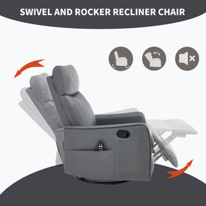 Grey Faux Leather Heat Massage Manual Recliner Chair with Rocker and Swivel