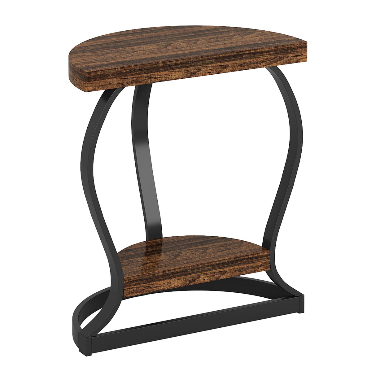 Half Round End Table With Frame, 2 Tier Semi Circle For Entryway - Brown / Black