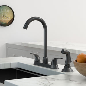 Kitchen Sink Faucet With 2 Handles And Pull Out Side Sprayer, 4 Hole Installation
