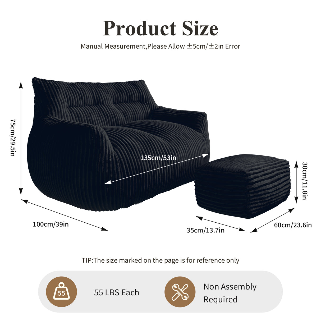 Double Sofa with Footrest Cloud-Love Oversized 2-Seater Fluffy Bean Bag Chair