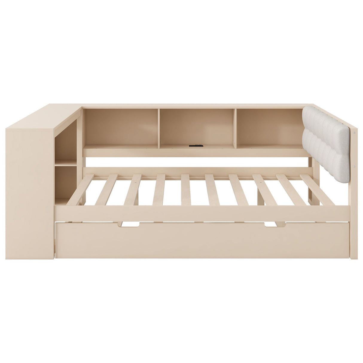 Upholstered Headboard Platform Bed with Storage Shelves, Trundle, and Charging Station