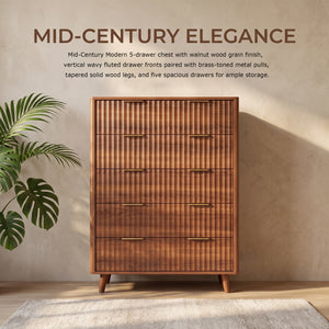 Tall 5-Drawer Dresser, Mid-Century Modern, Walnut