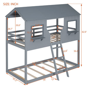 Twin Over Twin Bunk Bed With Roof, Window, Guardrail, Ladder