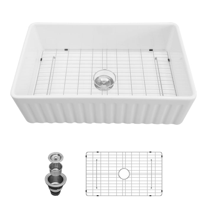 Ceramic Farmhouse Sink with Deep Basin and Stainless Steel Grid - White