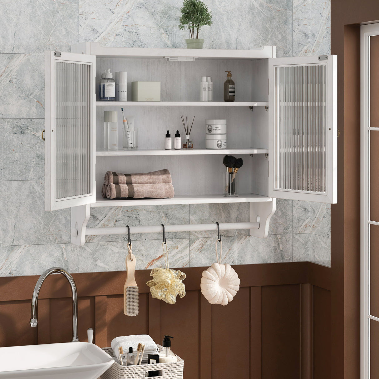 Vintage Double Door Wall Cabinet With Three Tiers Storage And Towel Rack - White Washed