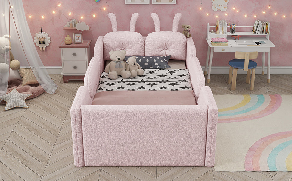 Twin Size Upholstered Platform Bed with Rabbit Cushion – Pink