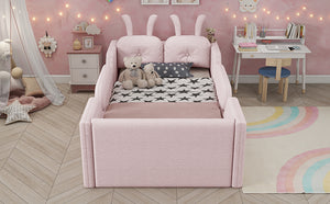 Twin Size Upholstered Platform Bed with Rabbit Cushion – Pink