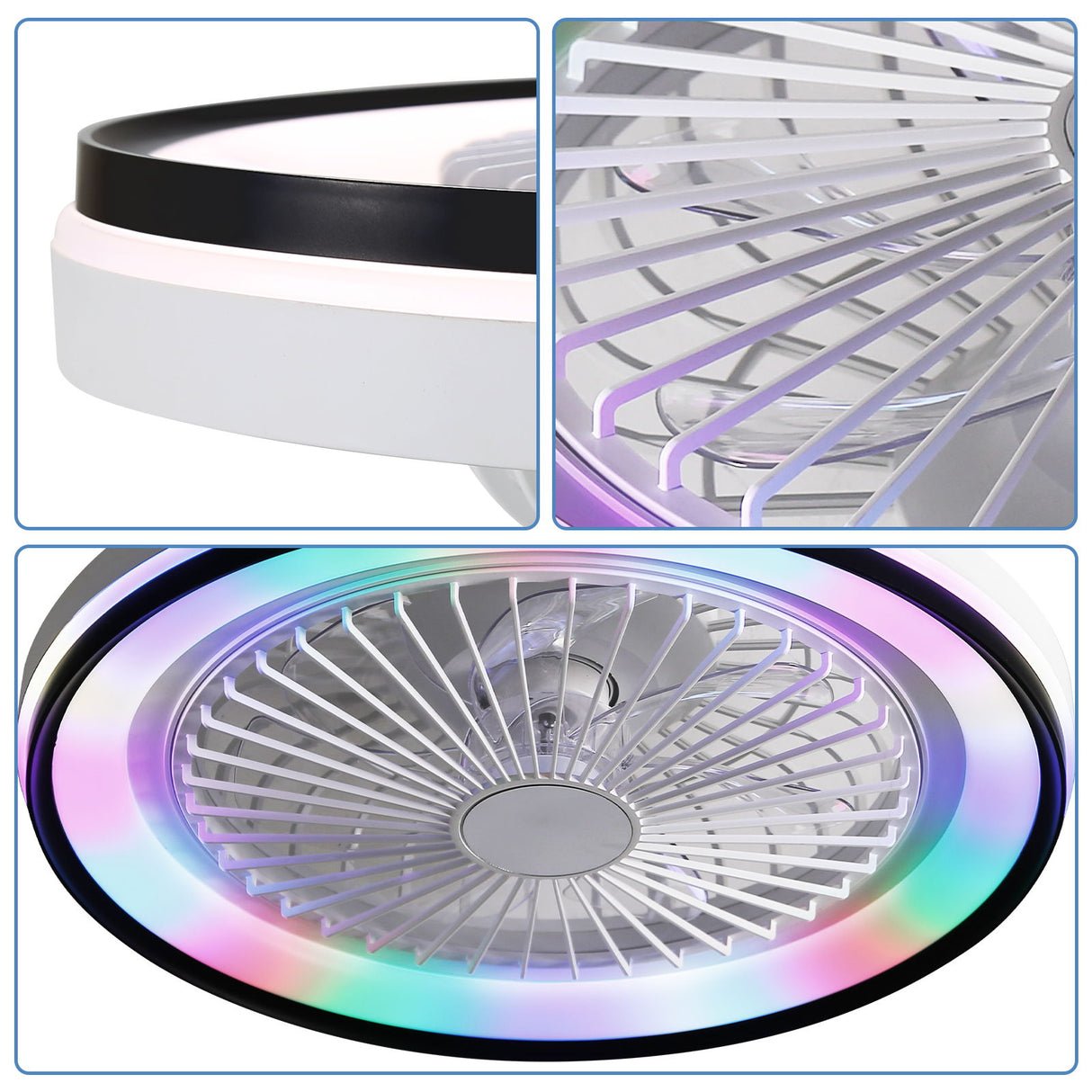 RGB Dimmable LED Bladeless Ceiling Fan With Remote Control, Flush Mount - White