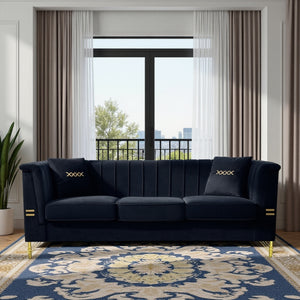 FX-P82-BK2 Modern Velvet 3-Seater Sofa with 2 Pillows