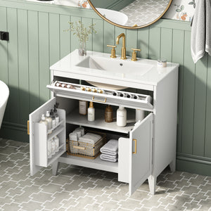 30-Inch Bathroom Vanity with Ceramic Sink Top, Soft-Close Doors, White
