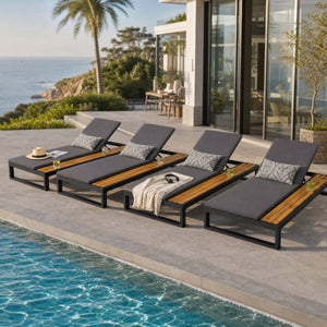 Black Iron & Teak Finish Chaise Lounge Set