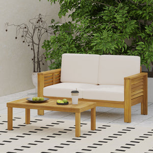 Acacia Wood Loveseat And Coffee Table Set With Cushions