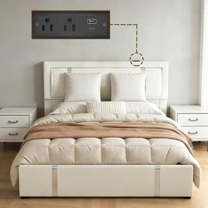 Upholstered Platform Bed Frame With Adjustable LED Headboard, USB C-Charging, Hydraulic Lift