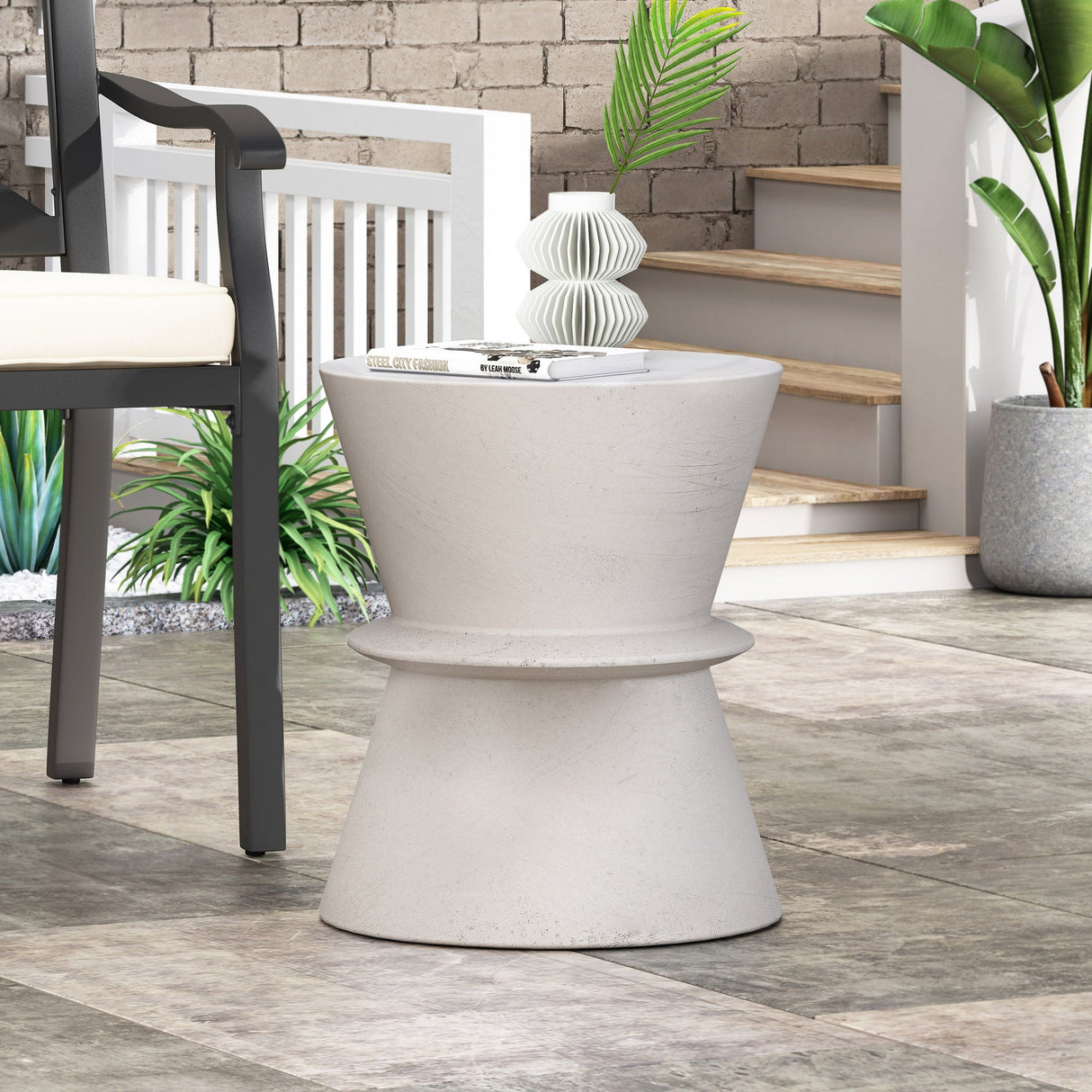 Outdoor Lightweight Concrete End Table With Hourglass Structure - Antique White - Best Buy Furniture