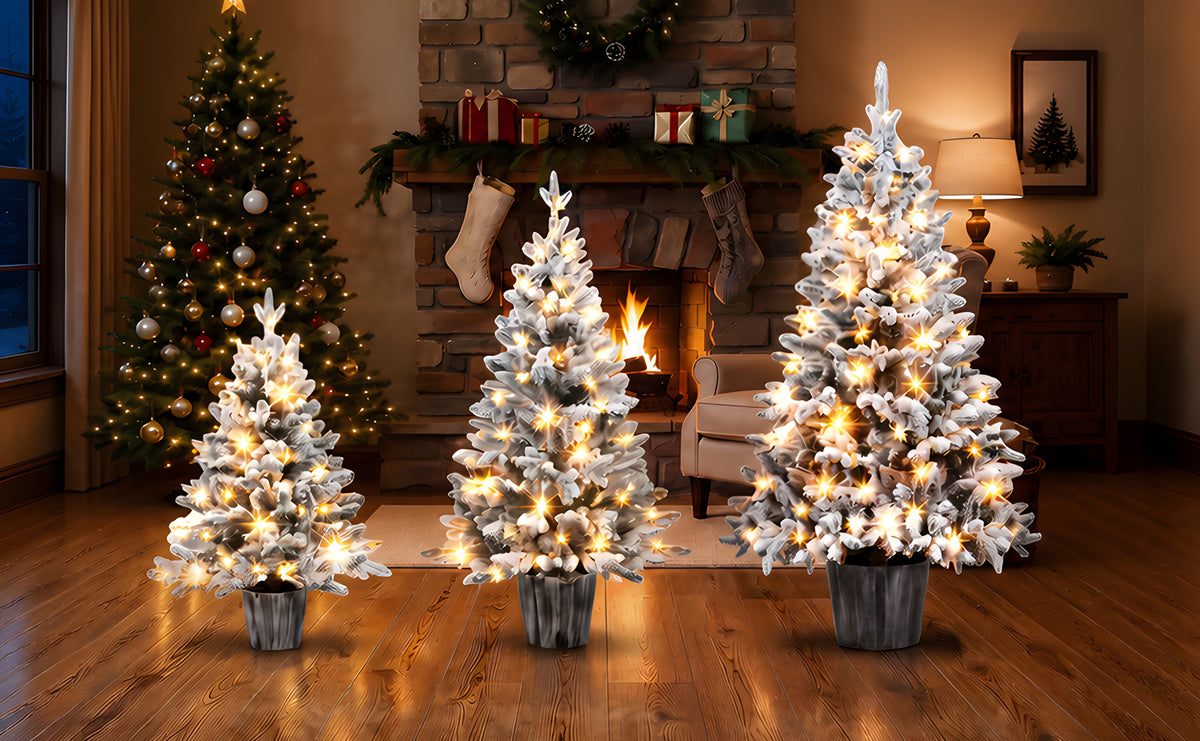 3-Piece Flocked Pre-Lit Christmas Tree Set