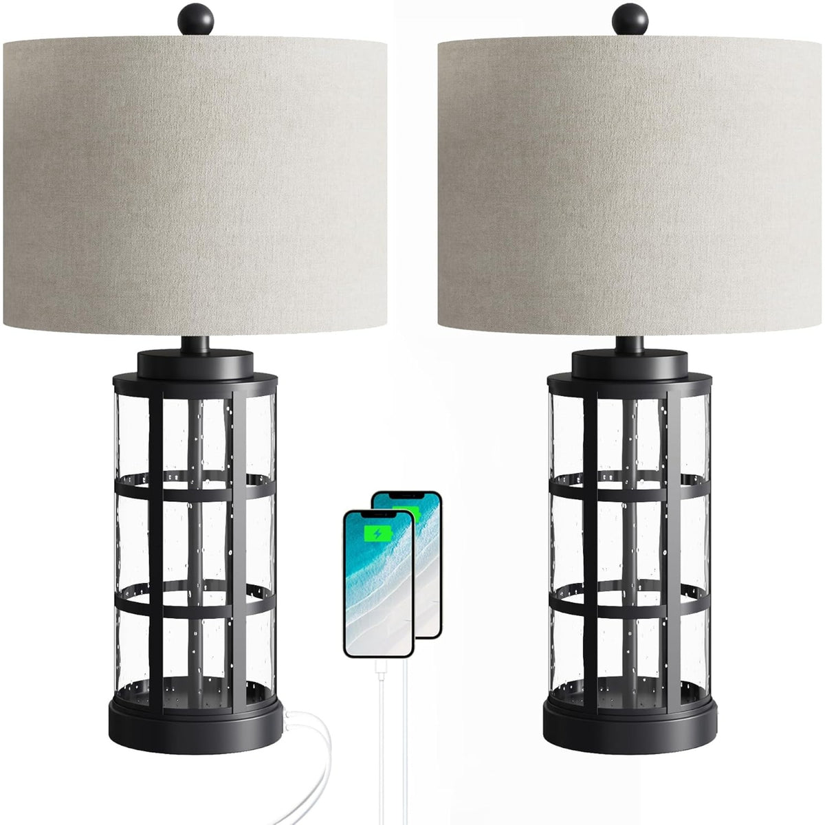 25-Inch Glass Table Lamps Set of 2, 3-Way Dimmable with USB and Type C, Black
